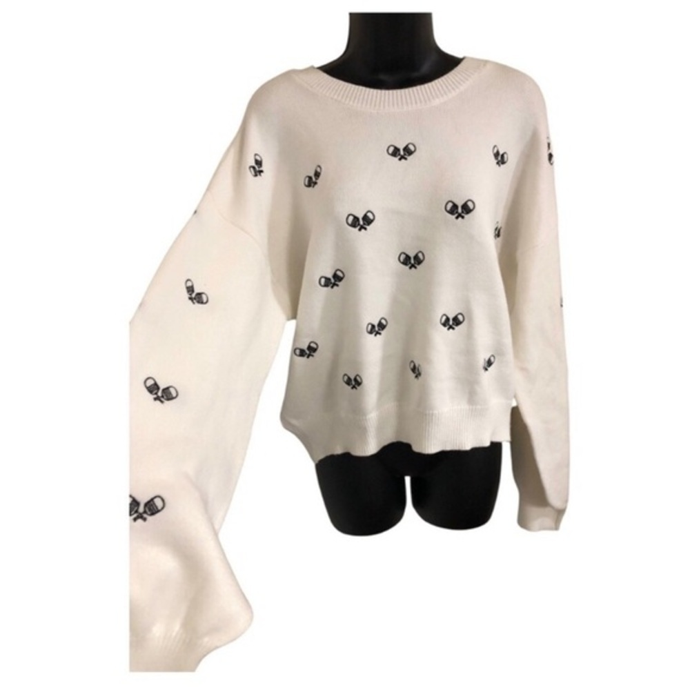 Jessica Simpson ivory black pickleball racquets embroidered sweater size XL new